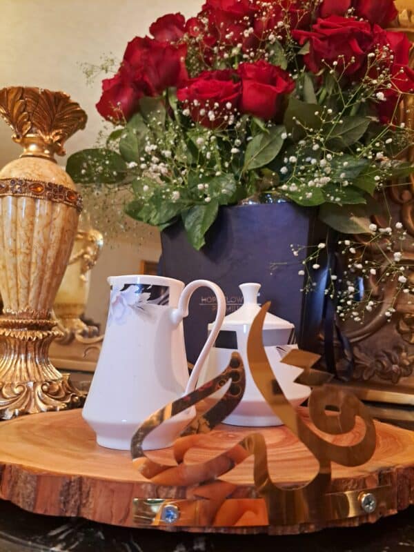 Wooden tray with stainless steel gold hand 💜❤️قلب 🩷💜