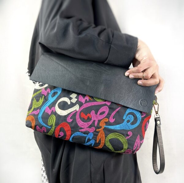 Genuine leather x Fabric Arabic Letters clutch