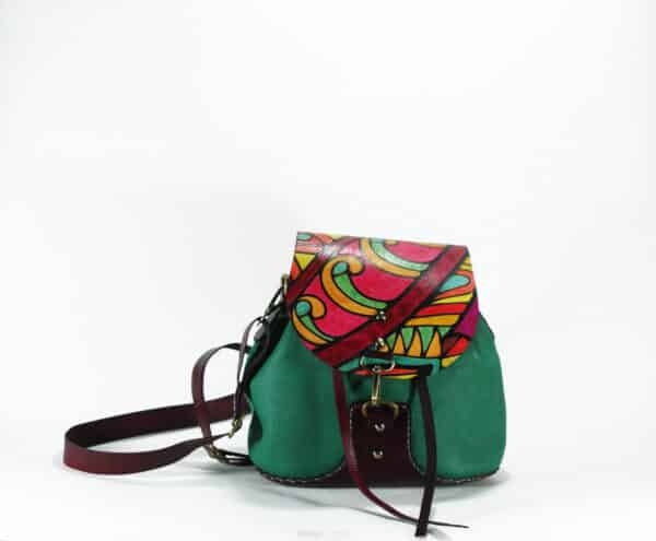 Handpainted Leather Bucket Backpack, Colorful Crossbody Backpack, Leather Rucksack, Leather Bag