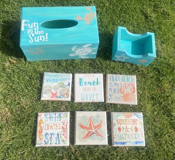 Coral Turquoise Tissue Box & Coasters