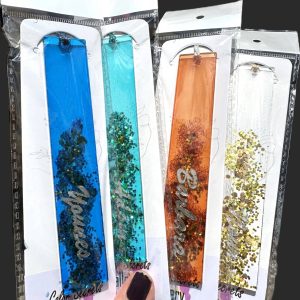 colorful transparent bookmarks with glitter and name