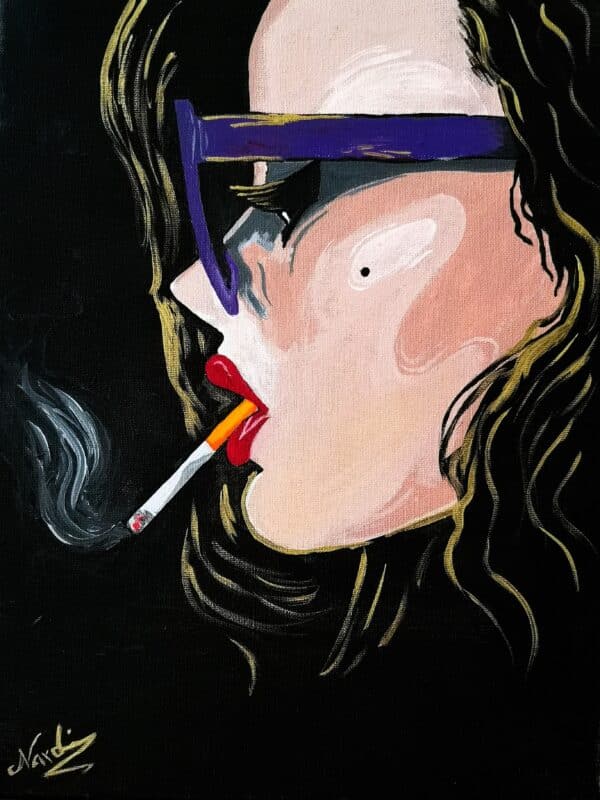 acrylic painting of girl with purple glasses