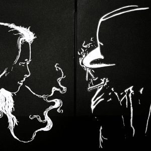 acrylic painting of man and woman having intense conversation in black and silver