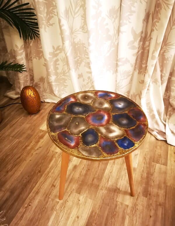 agate like epoxy top table with wooden legs