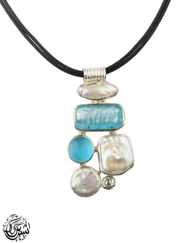 Turquoise Murano and White Cultured pearls Pendant.