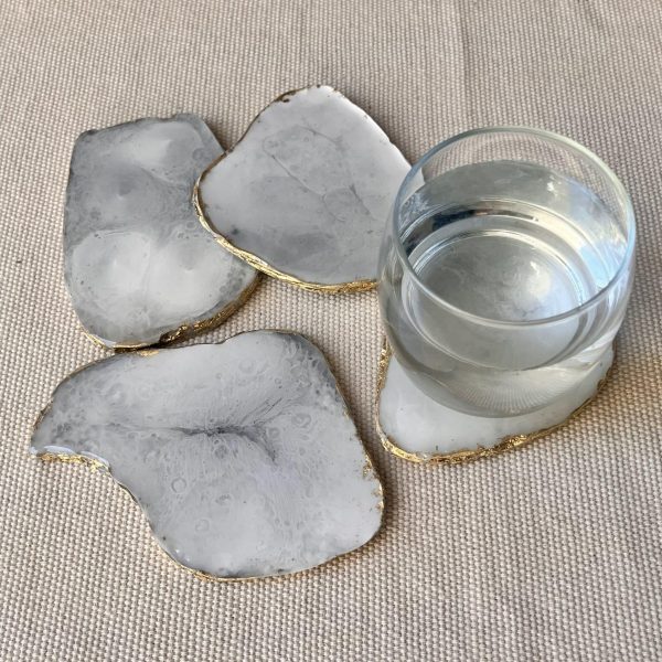 Grey/ White Agate Coasters With Gold Edges