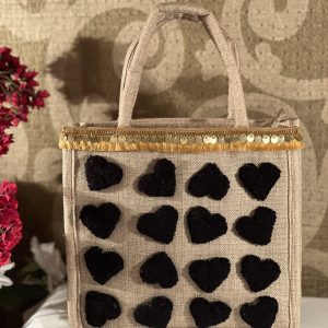 Black hearts jute bag