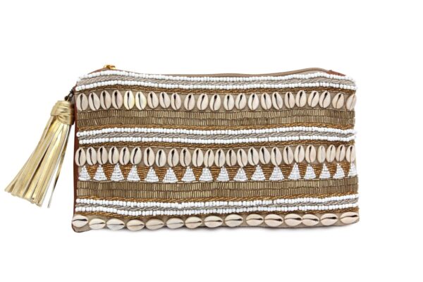 Sea Shells clutch with golden beads and a leather back