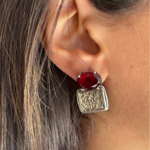 فالله خير حافظا Silver earrings with dark red stone