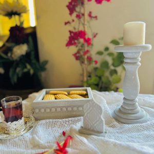 Decorative set of small tray, candle holder and small decorative stand.